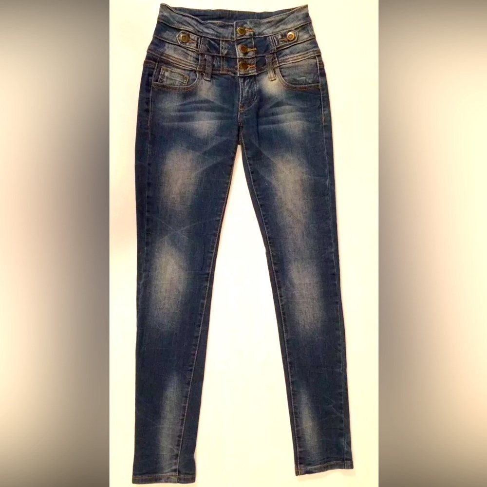 HOT KISS Blue Distressed Denim SKINNY LILY Corset Rise Jeans Sz 0